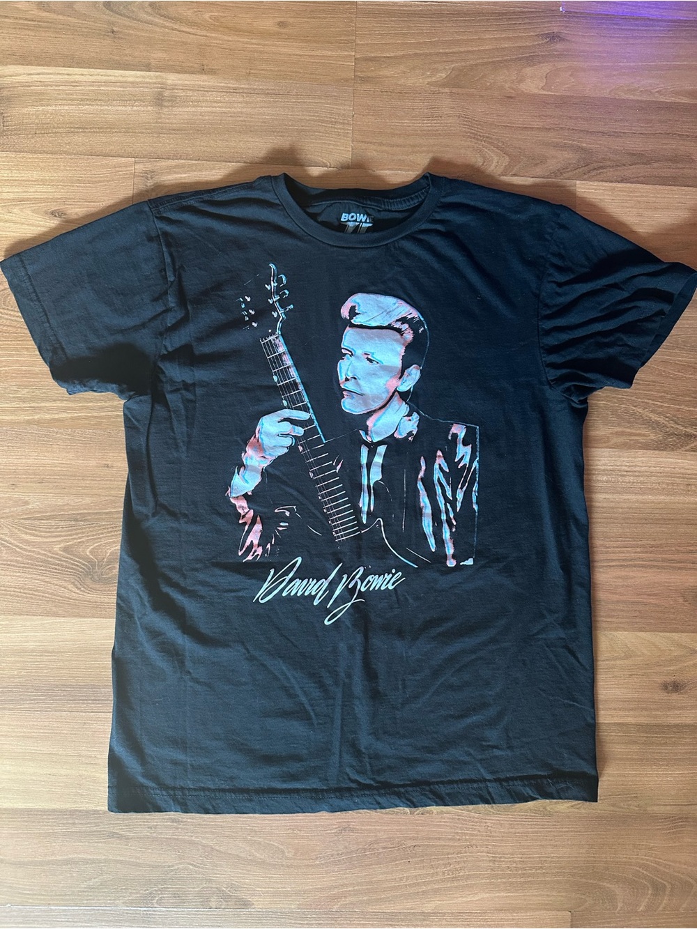 David Bowie Black Short-Sleeve Graphic Tee with Guitar Portrait